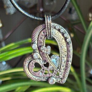 Contemporary Heart Pendant with Rhinestones on Leather Cord